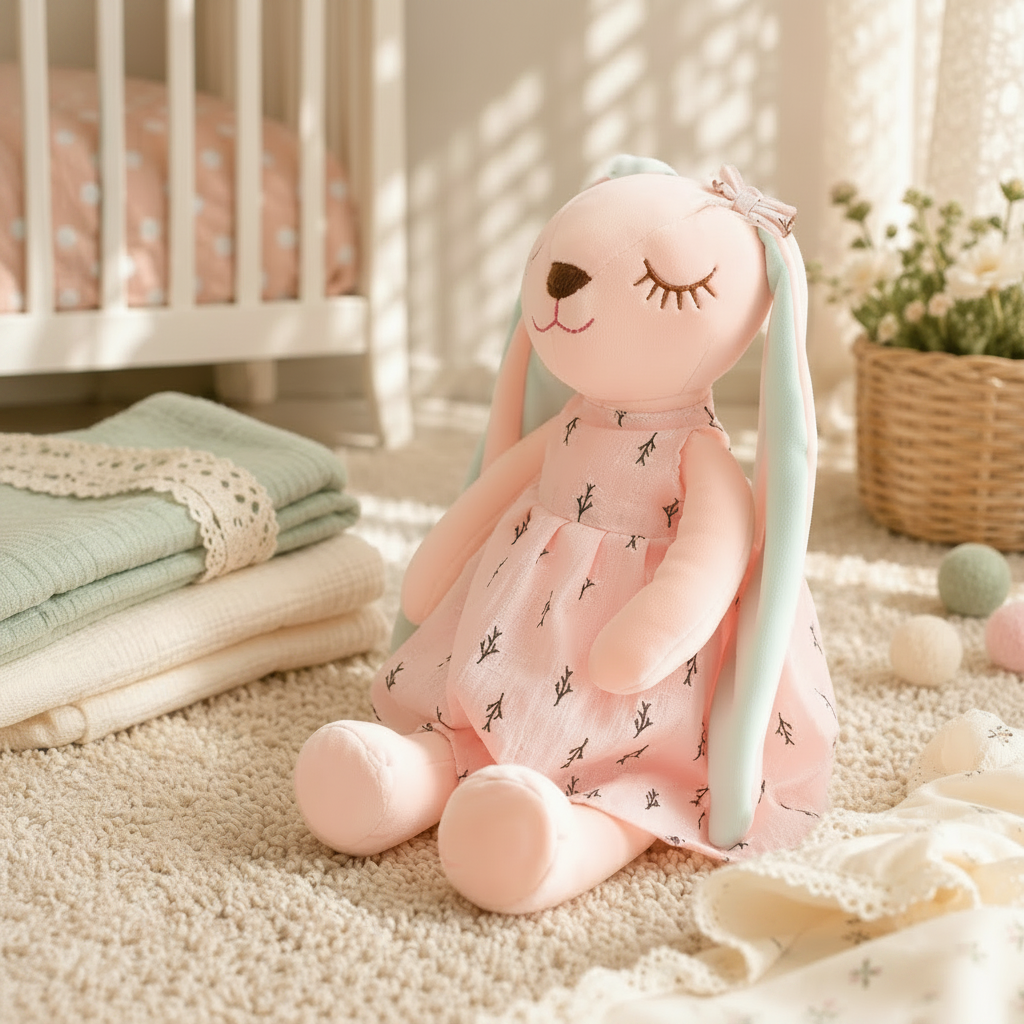 Pink plush bunny toy with a dress in a nursery setting